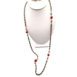Prince of Wales Chain Vintage Station Necklace, Gold Tone with Bright Red Glass